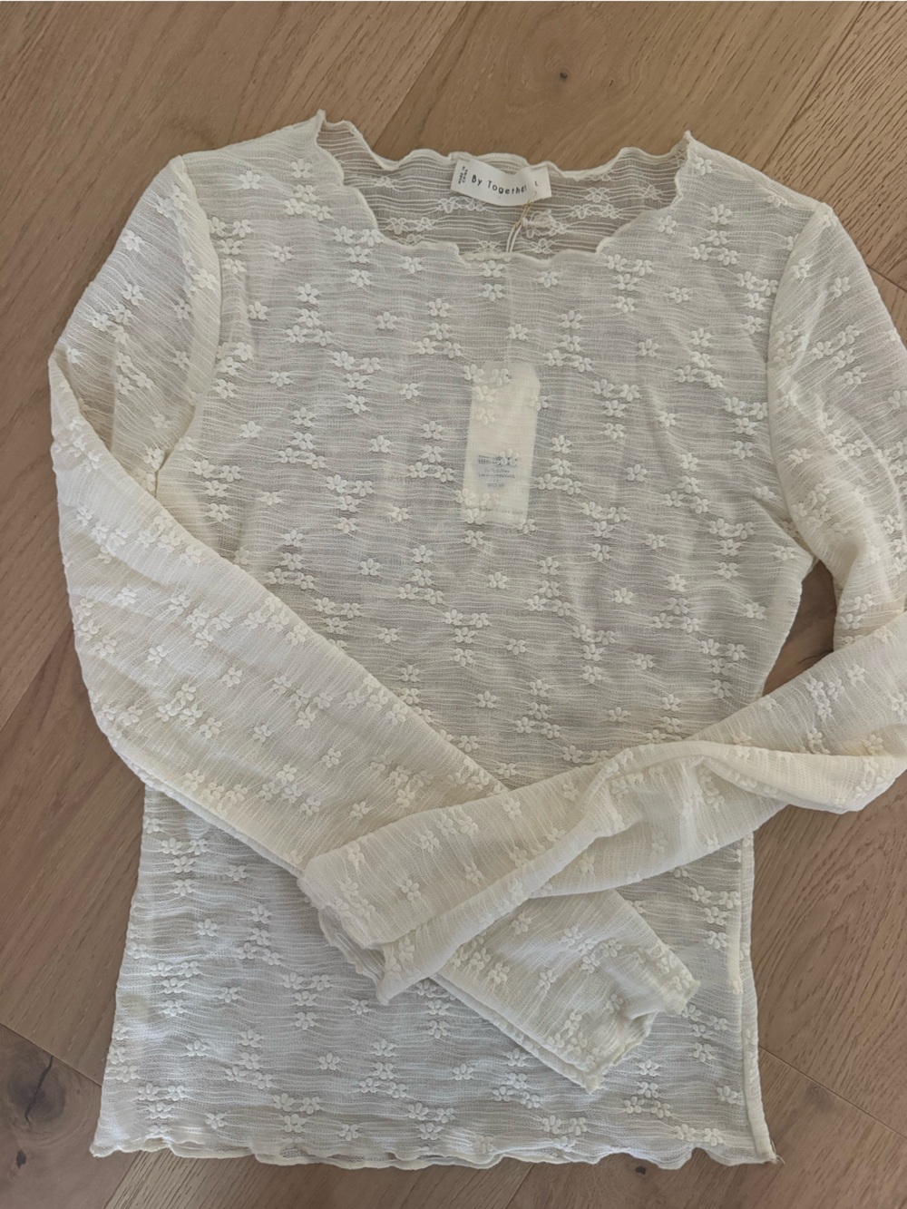 By Together Cream Sheer Floral Lace Long-Sleeve Top